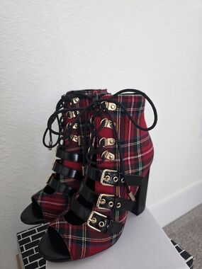 Lemon Drop By Priviledged Women's Red/Black Plaid Lace-Up Peep-Toe Heels
